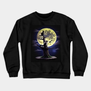 Vintage Black Cat On Scary Tree In Front of the Full Moon Halloween Crewneck Sweatshirt